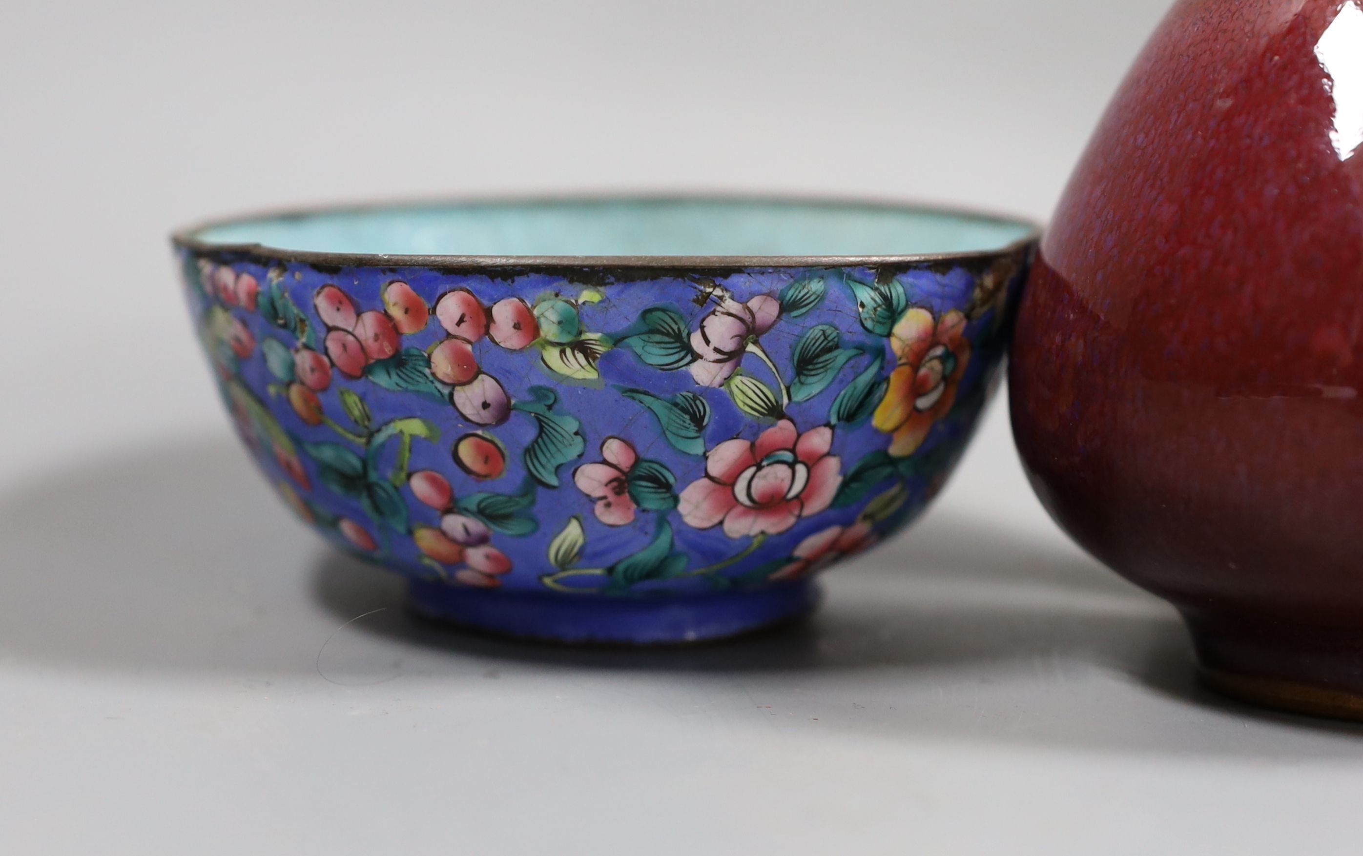 A Chinese bowenite jade figure of a lady, a Canton enamel bowl and a Jun type bud vase, tallest 20 cm high